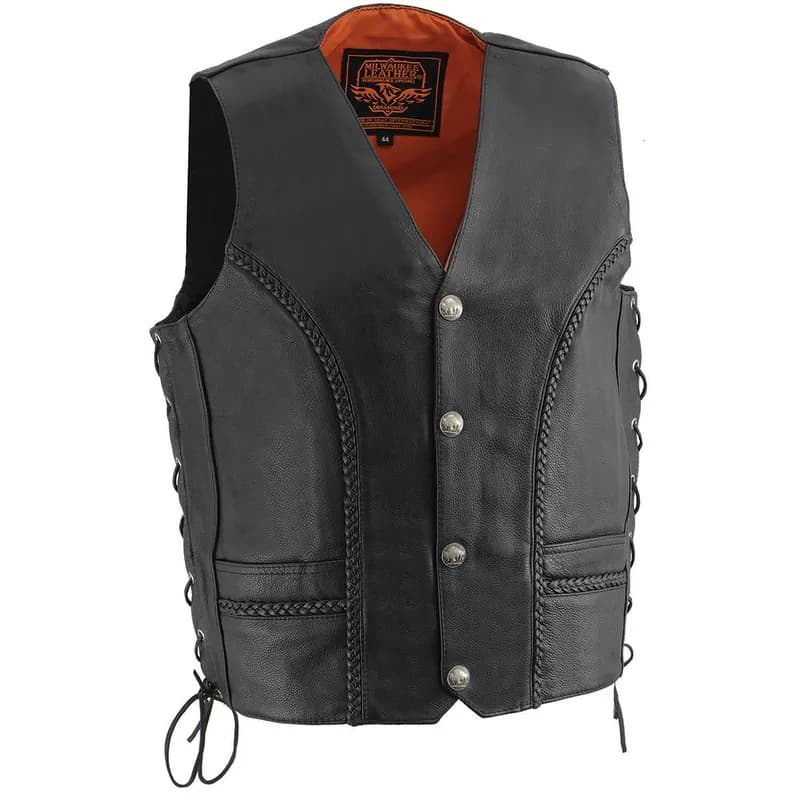 Milwaukee Leather ML1359 Men's Black Premium Leather Side Lace Motorcycle Rider Vest w/ Buffalo Nickel Snaps Closure — image 1 of 1