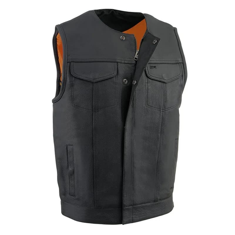 Milwaukee Leather MLM3511 Men's Black Collarless Snap/Zipper Club Style Motorcycle Leather Vest — image 1 of 1