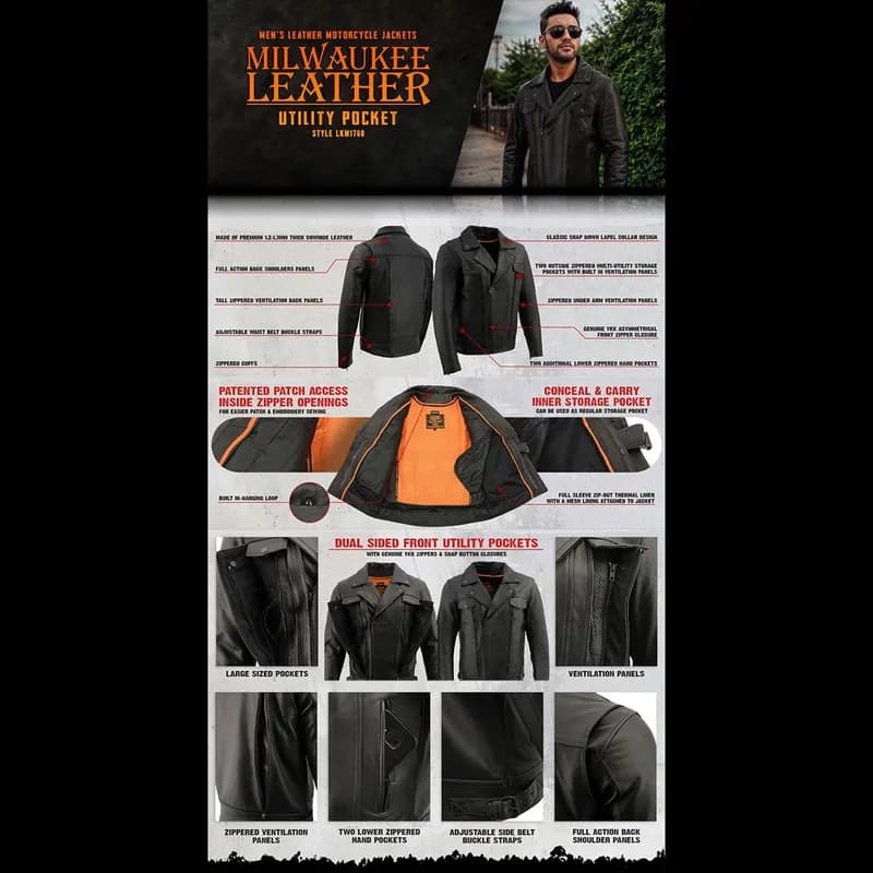 Milwaukee Leather LKM1760 Men's Black Leather Motorcycle Riders Jacket w/ Multi-Utility Pockets — image 1 of 1