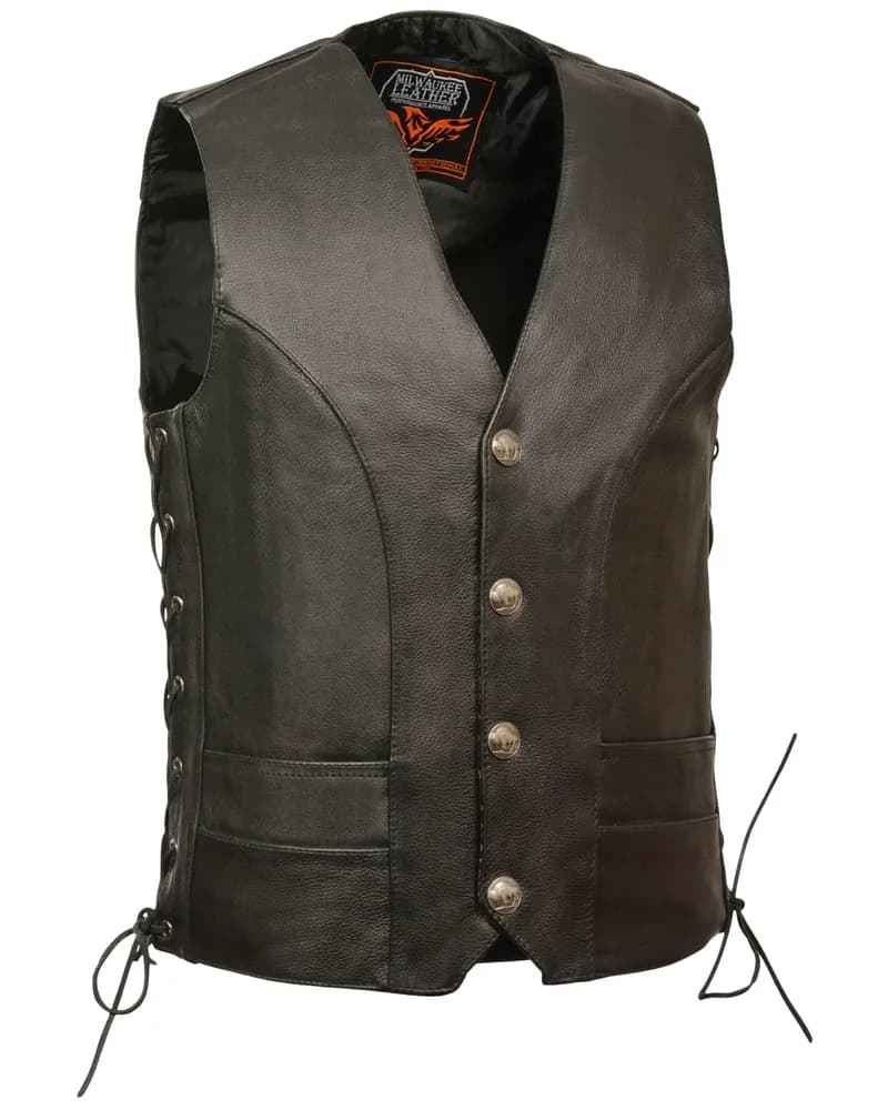 Milwaukee Leather ML1369 Men's Black Premium Leather Side Lace Motorcycle Rider Vest w/ Buffalo Nickel Snaps Closure — image 1 of 1