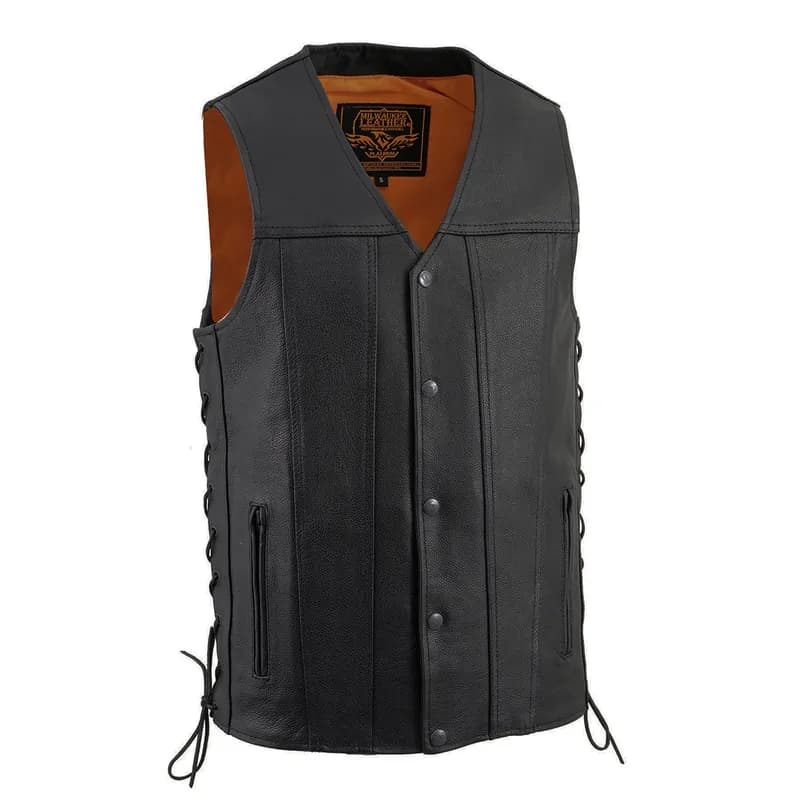 Milwaukee Leather MLM3520 Men's Black Leather Vest - Classic V-Neck Straight Bottom Side Lace Motorcycle Rider Vest — image 1 of 1