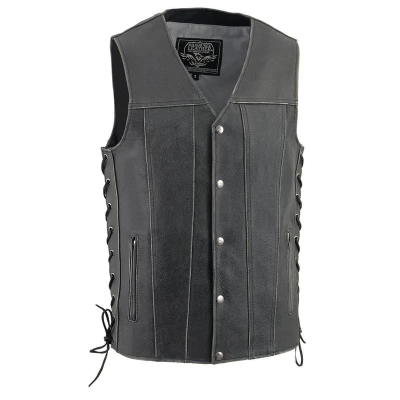 Milwaukee Leather MLM3521 Men's Distress Grey Leather Vest - V-Neck Straight Bottom Side Lace Motorcycle Rider Vest — image 1 of 1