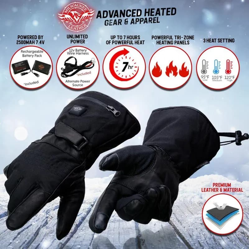 Milwaukee Leather MG17501SET Men’s Heated Black Leather/Textile Winter Gloves /Harness Wire and i-Touch — image 1 of 1