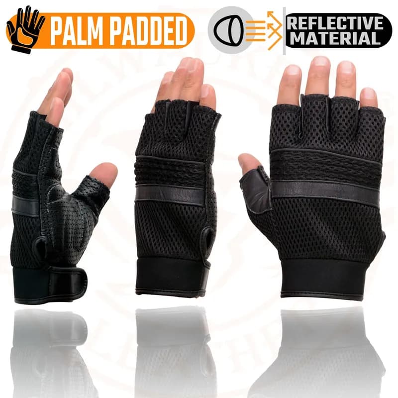 Milwaukee Leather MG7504 Men's Black Perforated Mesh Gel Palm Fingerless Motorcycle Hand Gloves W/ ‘Reflective Piping’ — image 1 of 1