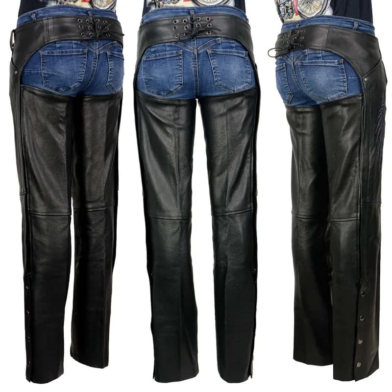 Milwaukee Leather ML1180 Women's Black Leather Chaps with Reflective Wing Detail — image 1 of 1