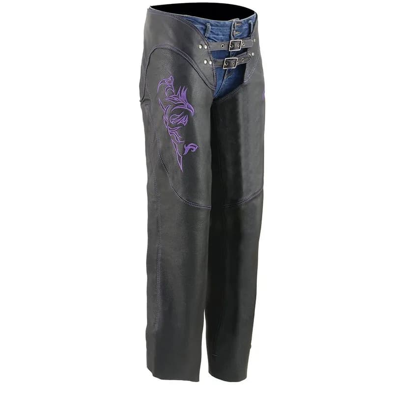 Milwaukee Leather Chaps for Women Black and Purple Low-Rise Waist- Double Buckle Reflective Embroidery Motorcycle Chap- ML1187 — image 1 of 1