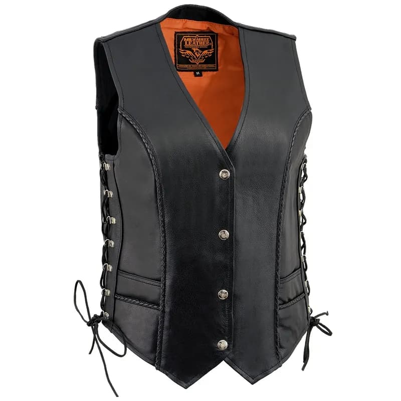 Milwaukee Leather ML2042 Women's Black Braided Premium Leather Motorcycle Rider Vest w/ Side Laces — image 1 of 1