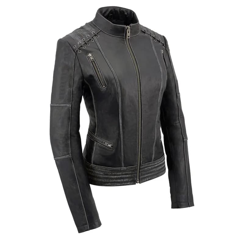 Milwaukee Leather MLL2526 Women's 'Elegant' Distressed Gray Detail Laced Leather Jacket — image 1 of 1
