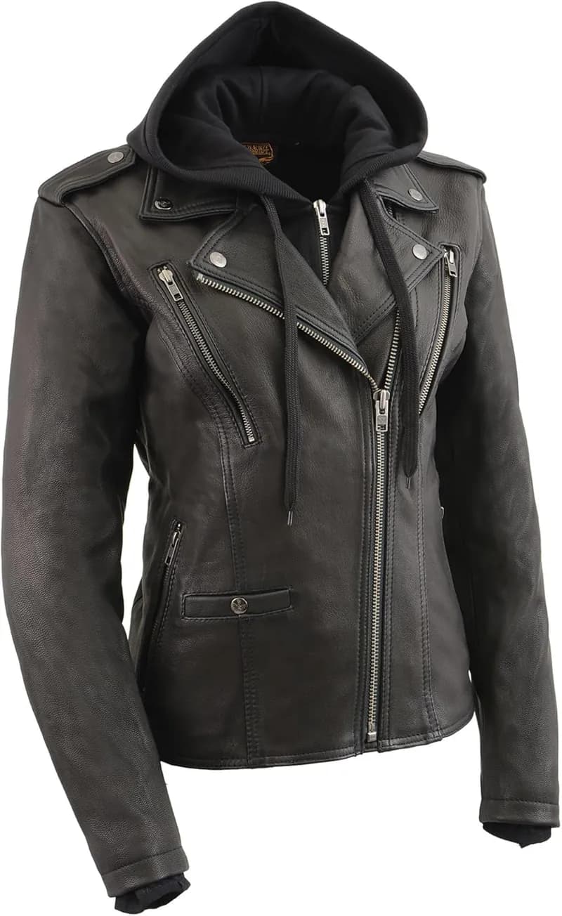 Milwaukee Leather MLL2575 Women's Black Leather Vented Motorcycle Jacket w/ Removable Hoodie — image 1 of 1