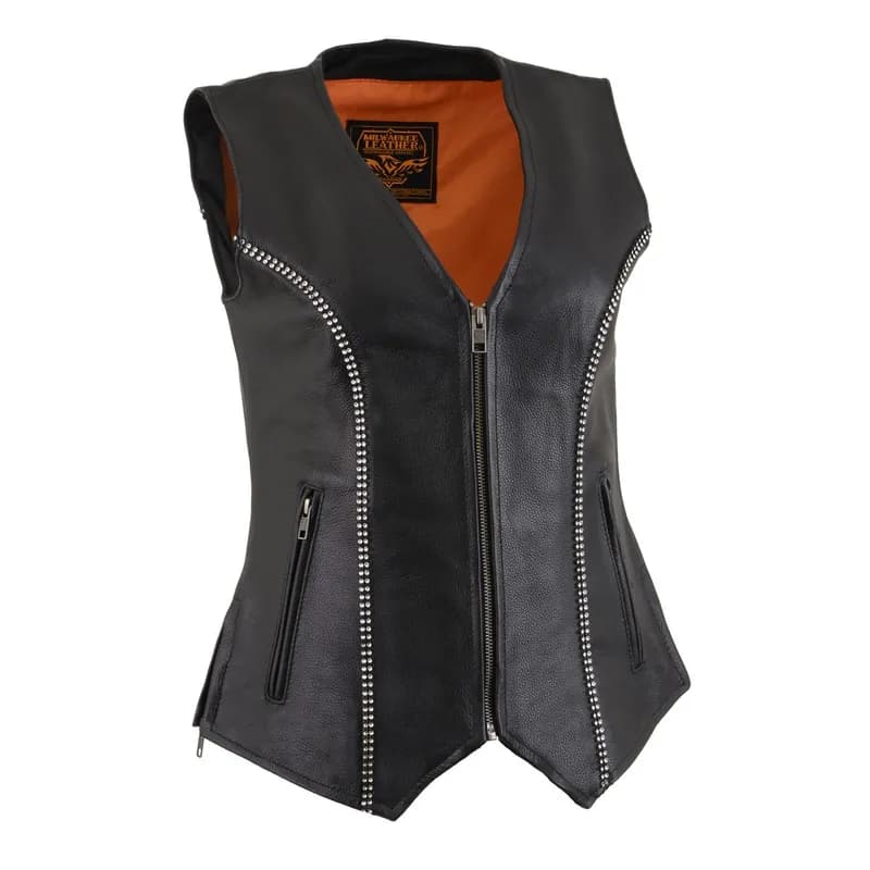 Milwaukee Leather MLL4502 Women's Black Leather Classic V-Neck Motorcycle Rider Vest with Rhinestone Bling Detail — image 1 of 1