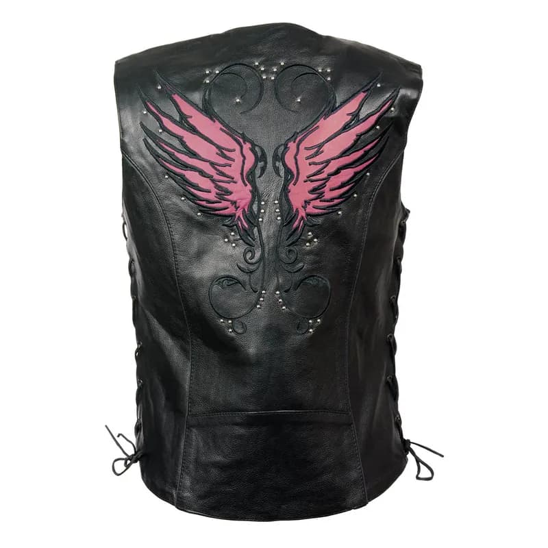 Milwaukee Leather MLL4505 Women's Black Leather Side Lace Motorcycle Rider Vest- Reflective and Studded Pink Wings — image 1 of 1