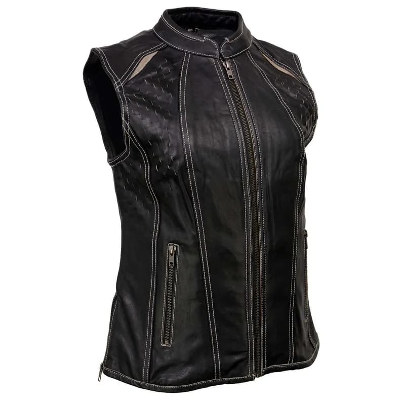 Milwaukee Leather MLL4507 Women's Black Leather Grey Accented Laser Cut Vented Scuba Style Motorcycle Rider Vest — image 1 of 1