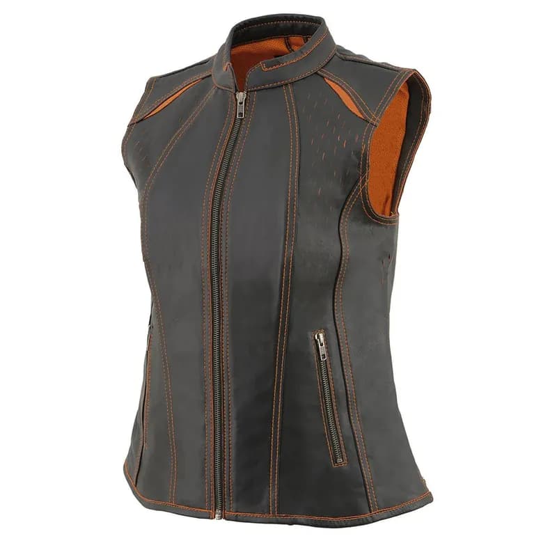 Milwaukee Leather MLL4507 Women's Black Leather Orange Accented Laser Cut Vented Scuba Style Motorcycle Rider Vest — image 1 of 1