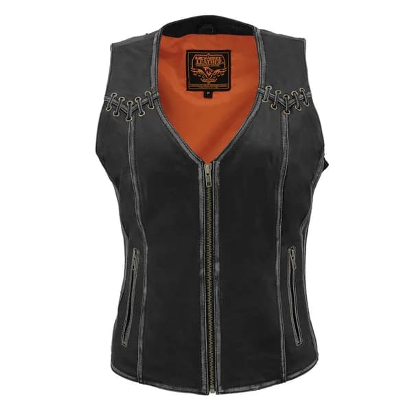 Milwaukee Leather MLL4526 Women's Distress Grey Leather Motorcycle Rider Vest- Stretch Side Panel W/ Lacing Detail — image 1 of 1