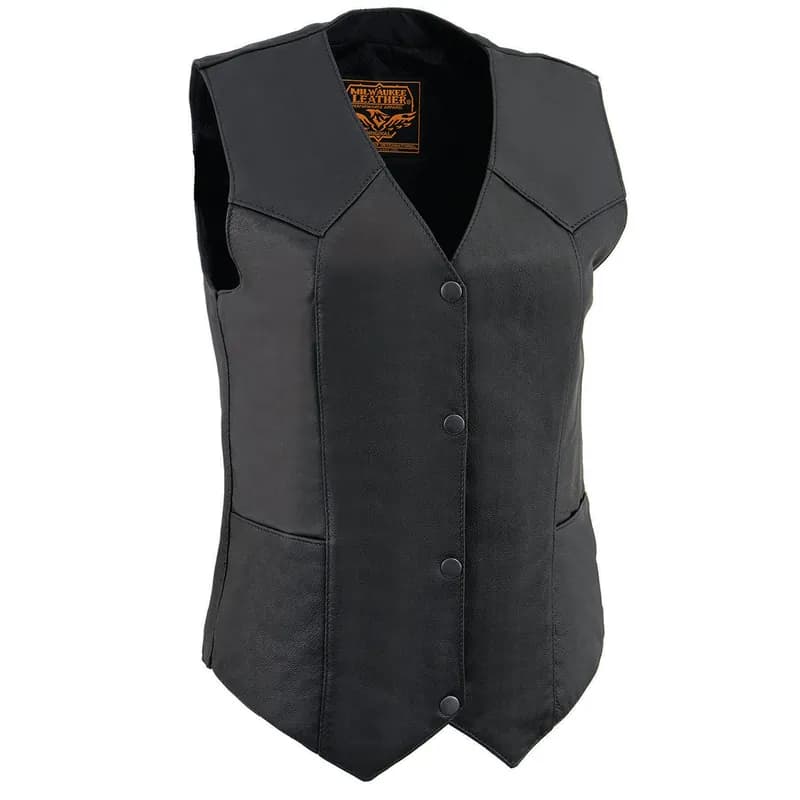 Milwaukee Leather MLL4545 Women's Black Premium Leather Lightweight Classic 4-Snap V-Neck Motorcycle Rider Vest — image 1 of 1