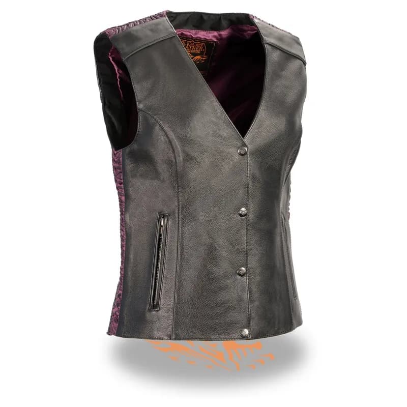Milwaukee Leather MLL4570 Women's Studded Phoenix Black/Purple Leather Motorcycle Vest w/ Embroidery Art — image 1 of 1