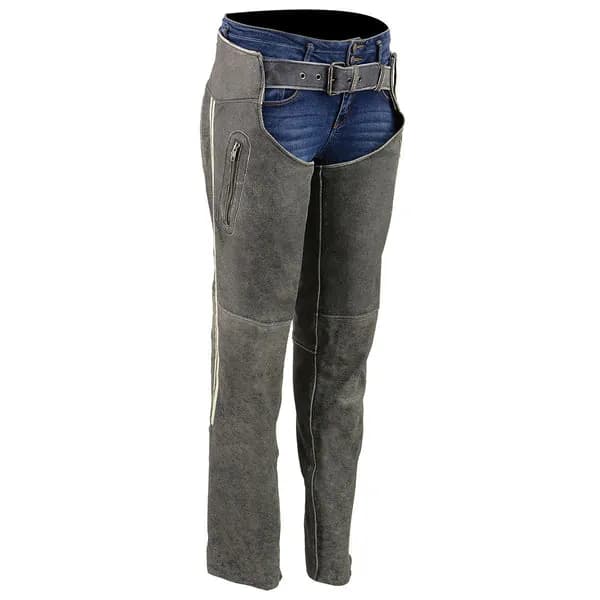 Milwaukee Leather MLL6505 Women's Vintage Grey Slate Leather Chaps with Racing Stripes — image 1 of 1