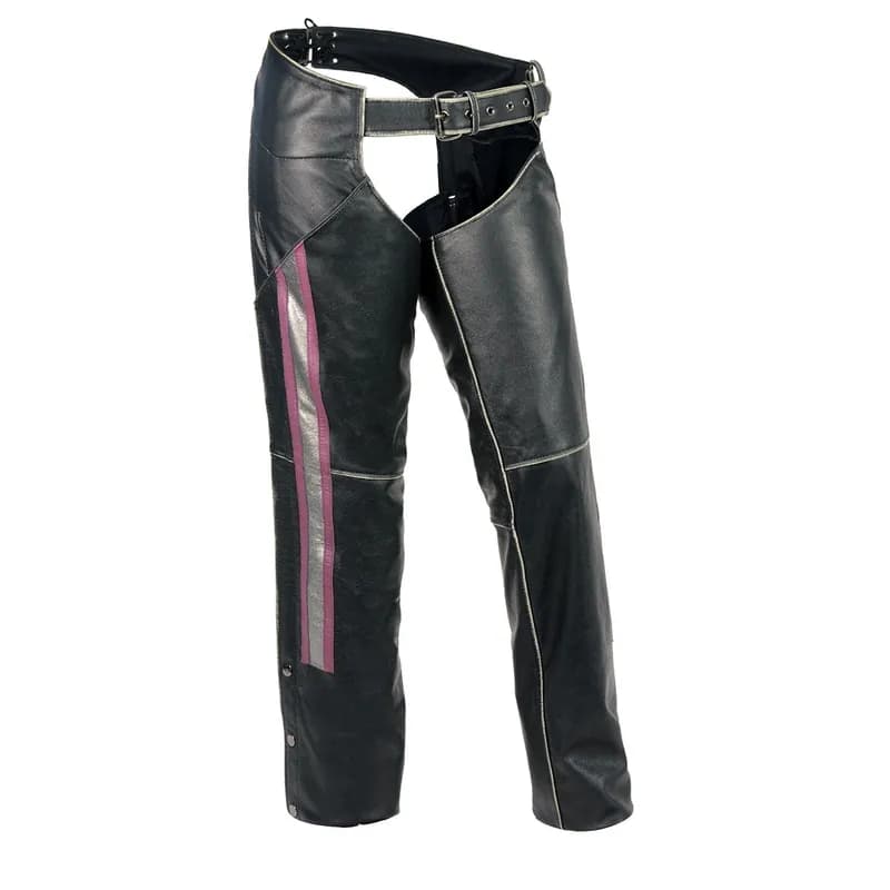 Milwaukee Leather MLL6515 Women's 'Pink Stripe' Classic Black Rub-Off Low-Rise Leather Chaps — image 1 of 1