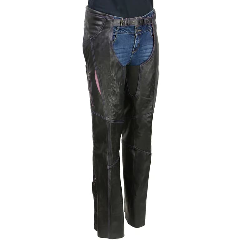 Milwaukee Leather Chaps for Women Black and Purple Premium Skin Laser Cut Accent Stitching Motorcycle Chap- MLL6525 — image 1 of 1