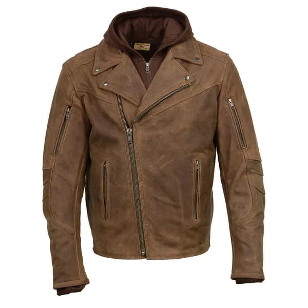 Milwaukee Leather MLM1511 Men's 'Vagabond' Vintage Crazy Horse' Brown Leather Jacket w/ Removable Hoodie — image 1 of 1