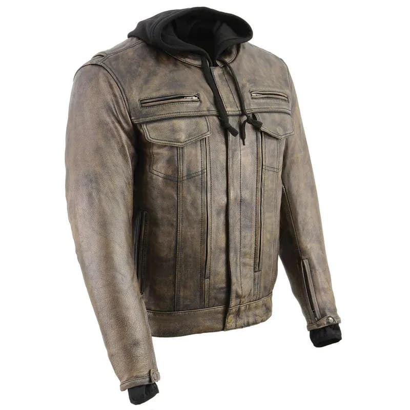 Milwaukee Leather MLM1538 Men's Distressed Brown Leather ‘Utility Pocket’ Vented Jacket with Removable Hoodie — image 1 of 1