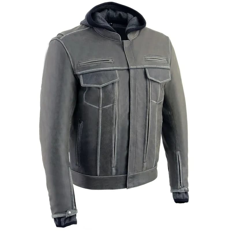 Milwaukee Leather MLM1539 Men's Distressed Grey Leather ‘Utility Pocket’ Vented Jacket with Removable Hoodie — image 1 of 1