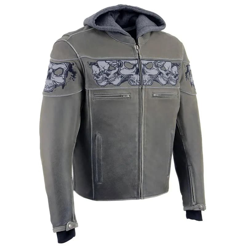 Milwaukee Leather MLM1562 Men's Distressed Grey Leather Jacket with Reflective Skulls — image 1 of 1