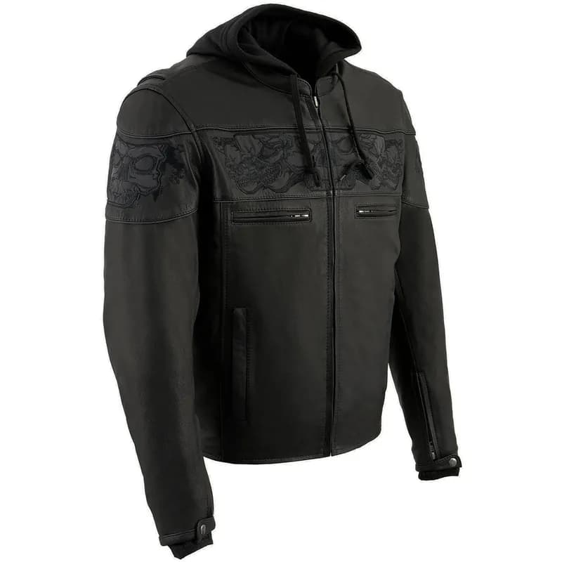 Milwaukee Leather MLM1563 Men's Black Leather Scooter Style Motorcycle Jacket with Reflective Skulls w/ Hoodie — image 1 of 1
