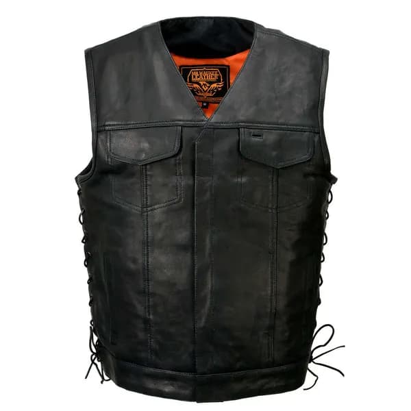 Milwaukee Leather MLM3504 Men's Black 'Pursuit' V Neck Club Style Motorcycle Leather Vest with Adjustable Side Laces — image 1 of 1