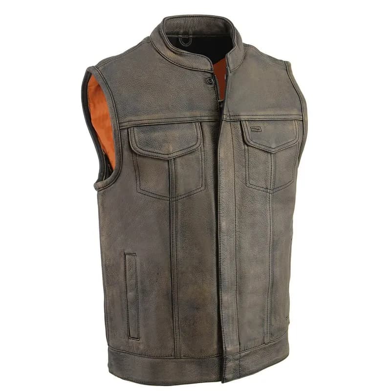 Milwaukee Leather MLM3510 Men's Black/Beige Premium Leather Club Style Vest - Dual Closure Open Neck Motorcycle Vest — image 1 of 1