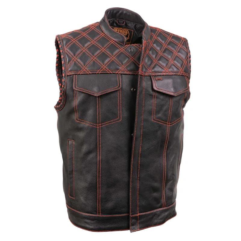 Milwaukee Leather MLM3526 Men's Black 'Paisley' Accented Red Stitching Leather Vest – w/ Armhole Trim Open Collar Design — image 1 of 1