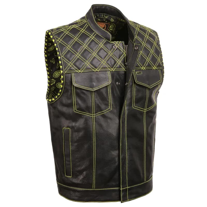 Milwaukee Leather MLM3528 Men's Black Paisley Lined Leather Vest w/ Neon Green Stitching & Armhole Trim — image 1 of 1