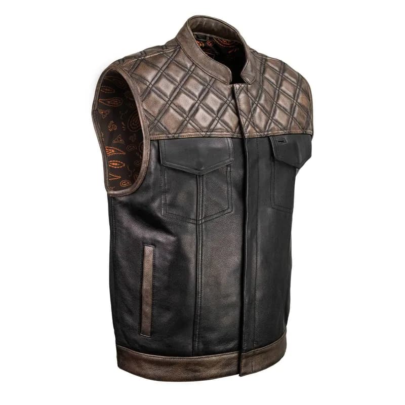 Milwaukee Leather MLM3529 Men's Black & Brown Paisley Lined Leather Vest w/ Accent Stitching & Armhole Trim — image 1 of 1
