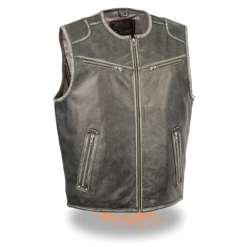 Milwaukee Leather MLM3536 Men's Distressed Grey Leather Collarless Motorcycle Rider Vest — image 1 of 1