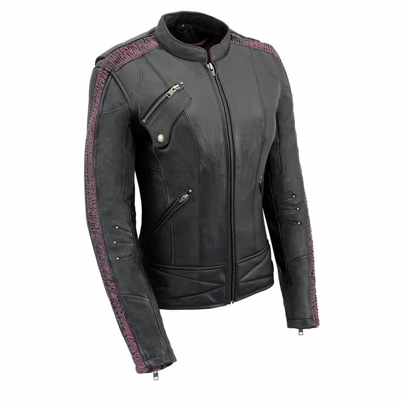 Milwaukee Leather MLL2570 Women's 'Phoenix Embroidered' Black and Fuchsia Pink Leather Motorcycle Jacket — image 1 of 1