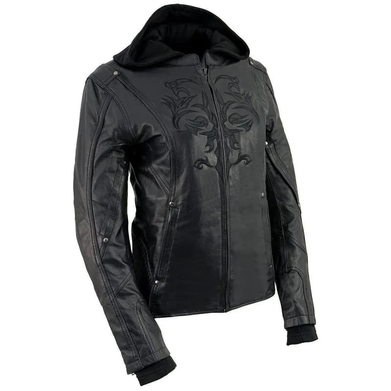Milwaukee Leather ML2066 Women's 3/4 Black Leather Hoodie Jacket with Reflective Tribal Design — image 1 of 1