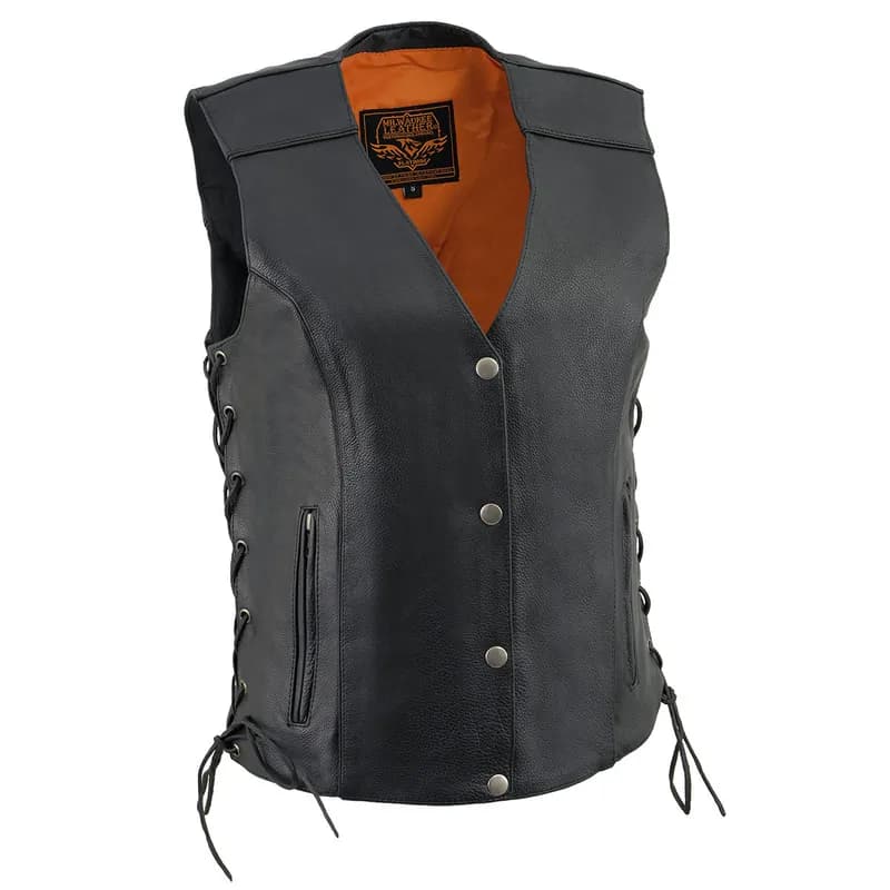 Milwaukee Leather MLL4500 Women's Classic Black Leather V-Neck Motorcycle Rider Vest w/ Side Laces — image 1 of 1
