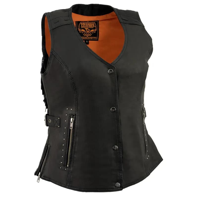 Milwaukee Leather MLL4565 Women's Black Fringed Leather Rivet Detail Side Buckle and Zipper Motorcycle Rider Vest — image 1 of 1