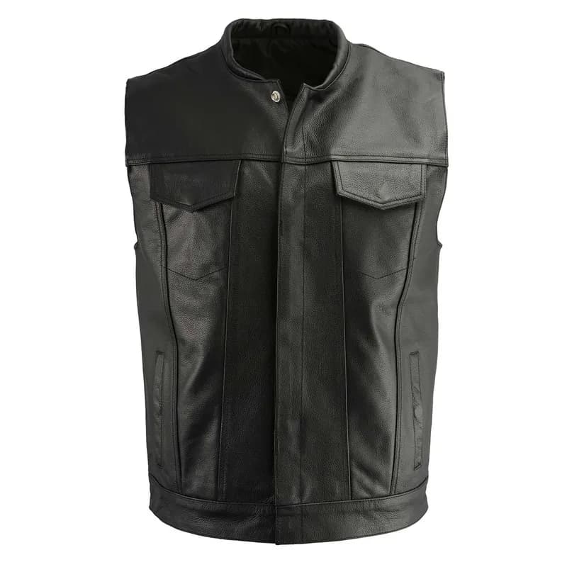Motorcycle Apparel BOS13502 Men's Leather Black Snap Front Club Style Vest with — image 1 of 1