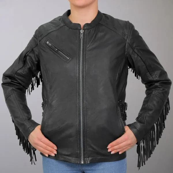 Studs and Fringe Ladies Black Carry Conceal Leather Jacket — image 1 of 1