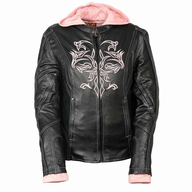 Women's 3/4 Black and Pink Leather Hoodie Jacket with Reflective Tribal Design — image 1 of 1