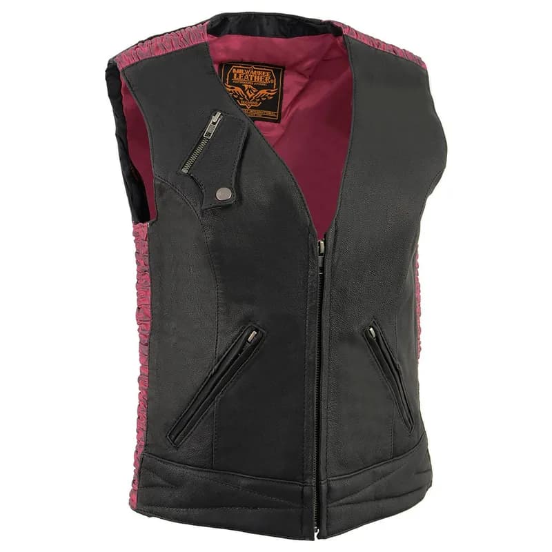 Women's Black and Pink Lightweight Motorcycle Leather Vest w/ Crinkled Leather Design — image 1 of 1