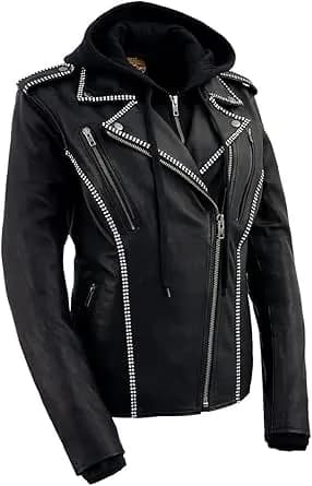 Women's Black 'Bedazzled' Leather Moto Jacket with Hoodie — image 1 of 1