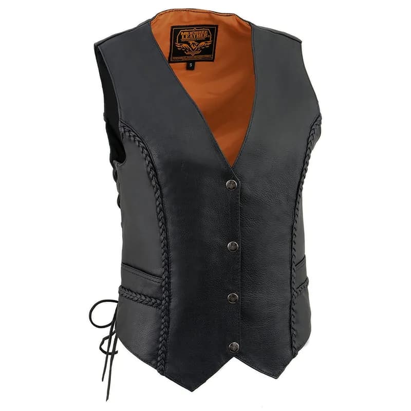 Women's Black Braided Premium Leather Side Lace Motorcycle Rider Vest — image 1 of 1