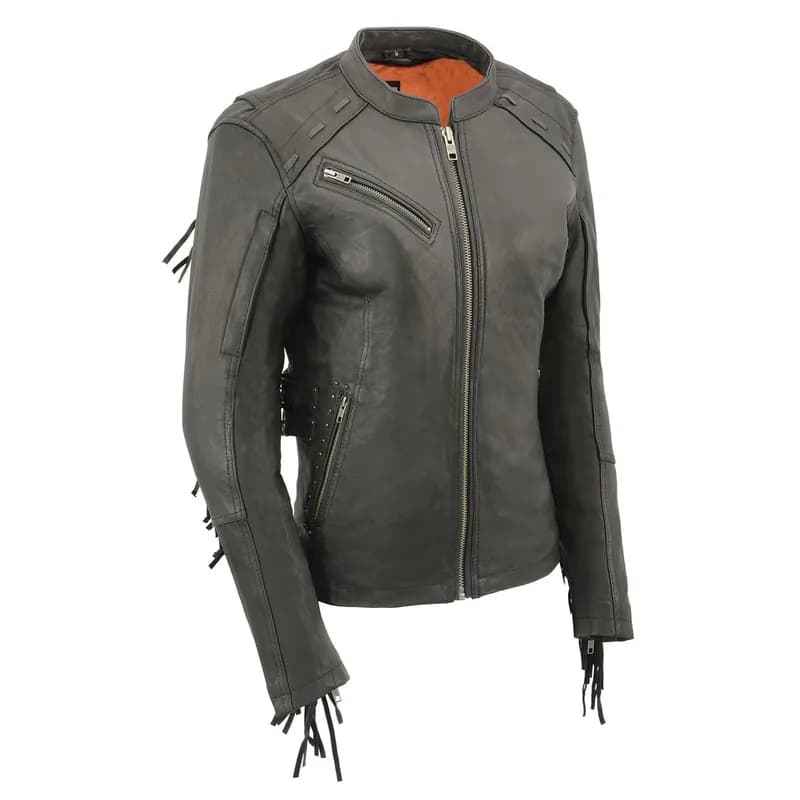 Women's Black Fringed Lightweight Leather Racer Motorcycle Jacket — image 1 of 1