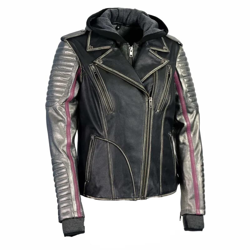 Women's Black 'Hooded' Leather Rub-Off Jacket with Silver Sleeves — image 1 of 1
