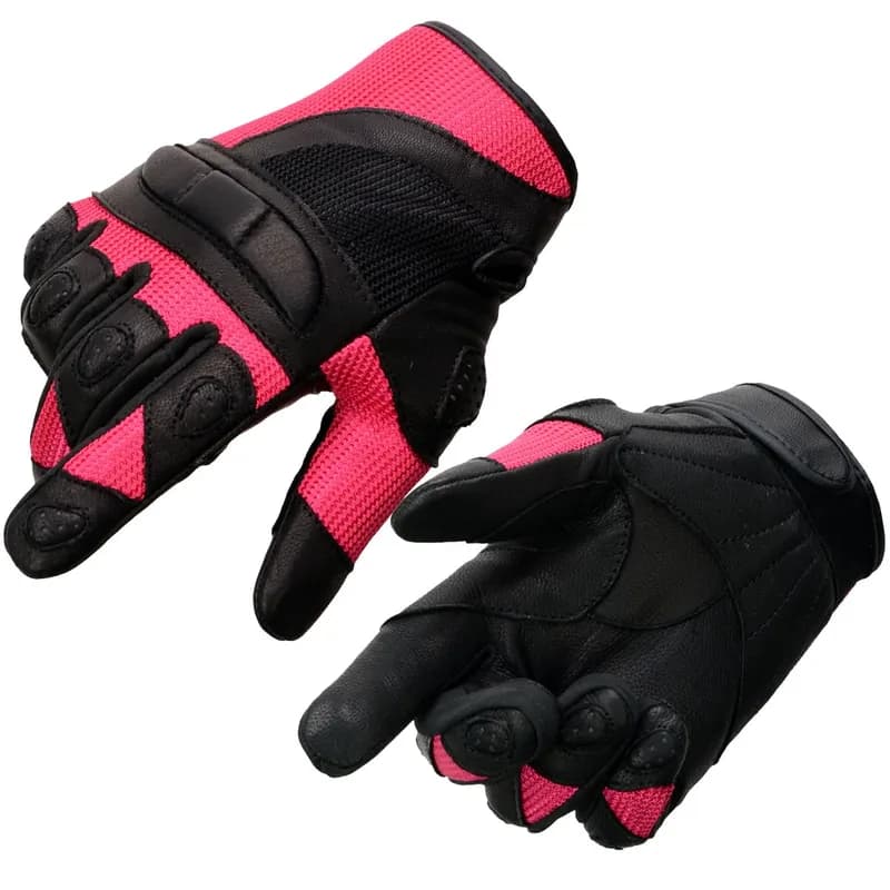 Women's Black Leather and Hot Pink Mesh Racing Motorcycle Gloves W/ Padded Knuckle — image 1 of 1