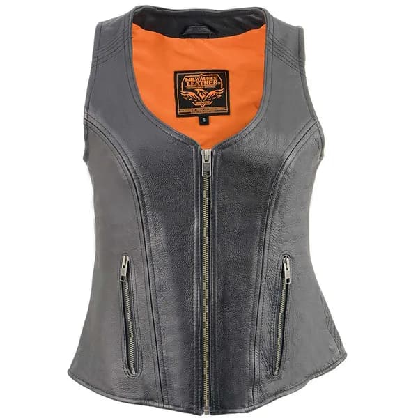 Women's Black Leather Open Neck Motorcycle Rider Vest W/ Front Zip and Stitching — image 1 of 1
