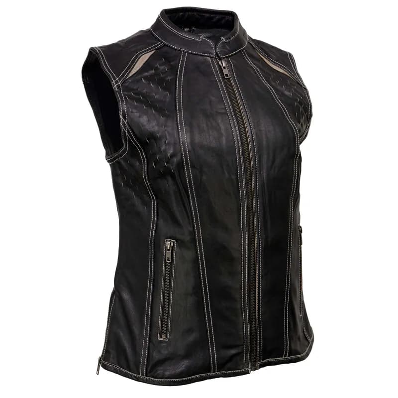 Women's Black Leather Purple Accented Laser Cut Vented Scuba Style Motorcycle Rider — image 1 of 1