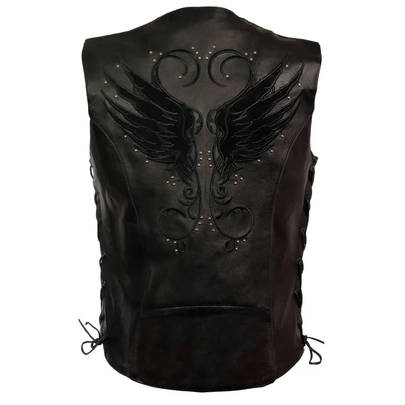 Women's Black Leather Side Lace Motorcycle Rider Vest- Reflective and Studded Black — image 1 of 1